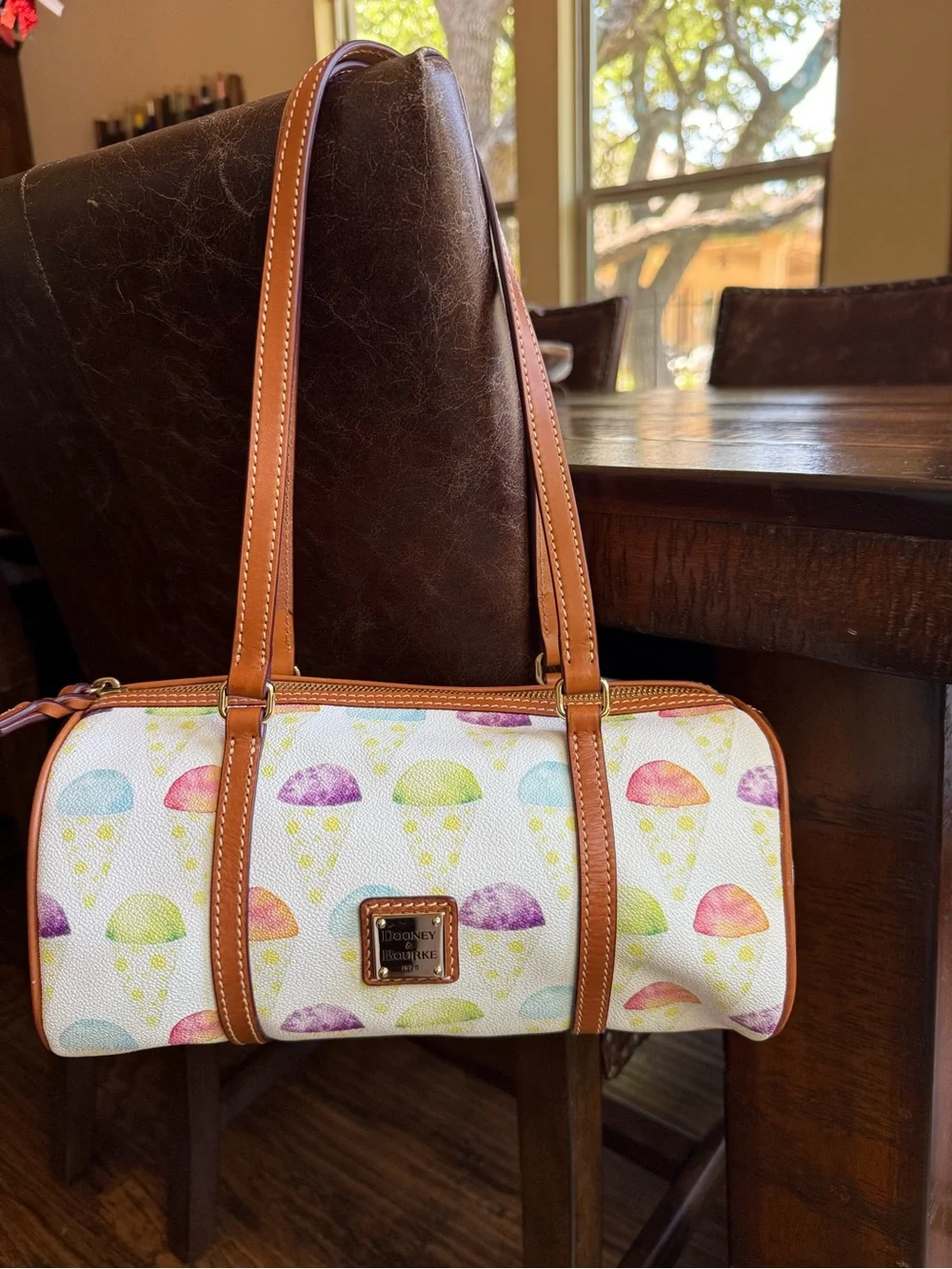 Dooney & Bourke Multicolor snow cone barrel bag- Cream with Brown Trim